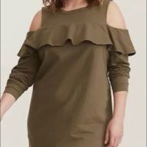 Torrid Cold shoulder olive sweatshirt ruffle dress